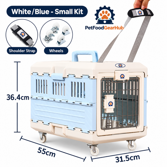 PetFoodGearHub White/Blue Folding Pet Carrier - Small Wheel & Strap Set - product view