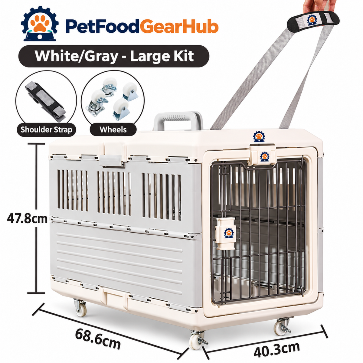 PetFoodGearHub White/Gray Folding Pet Carrier - Large Wheel & Strap Set - product view