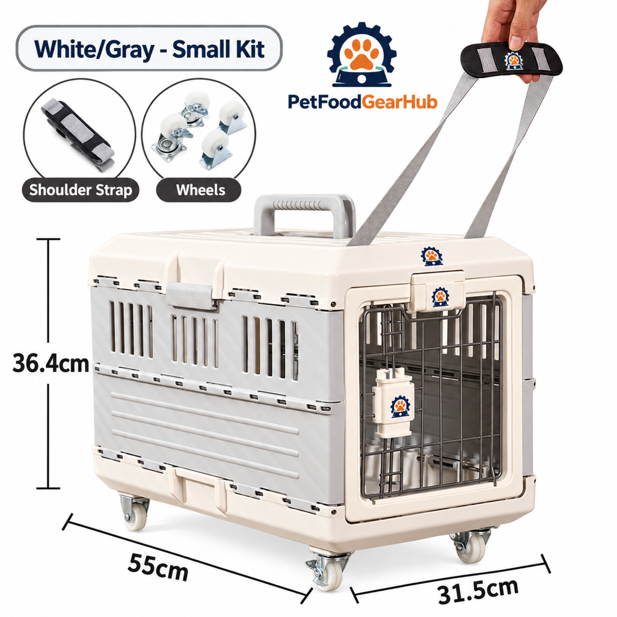 PetFoodGearHub White/Gray Folding Pet Carrier - Small Wheel & Strap Set - product view