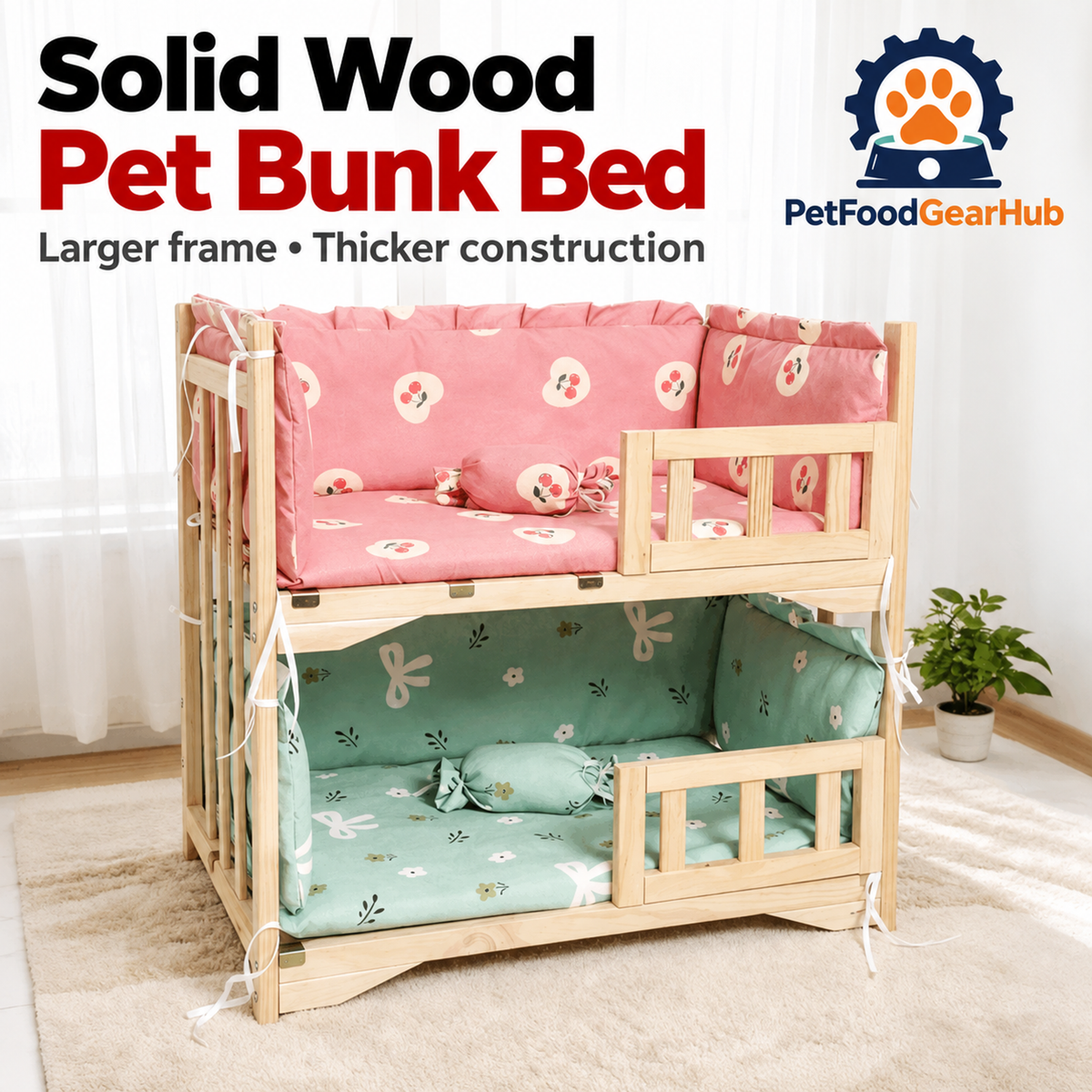PetFoodGearHub wooden pet bunk bed details