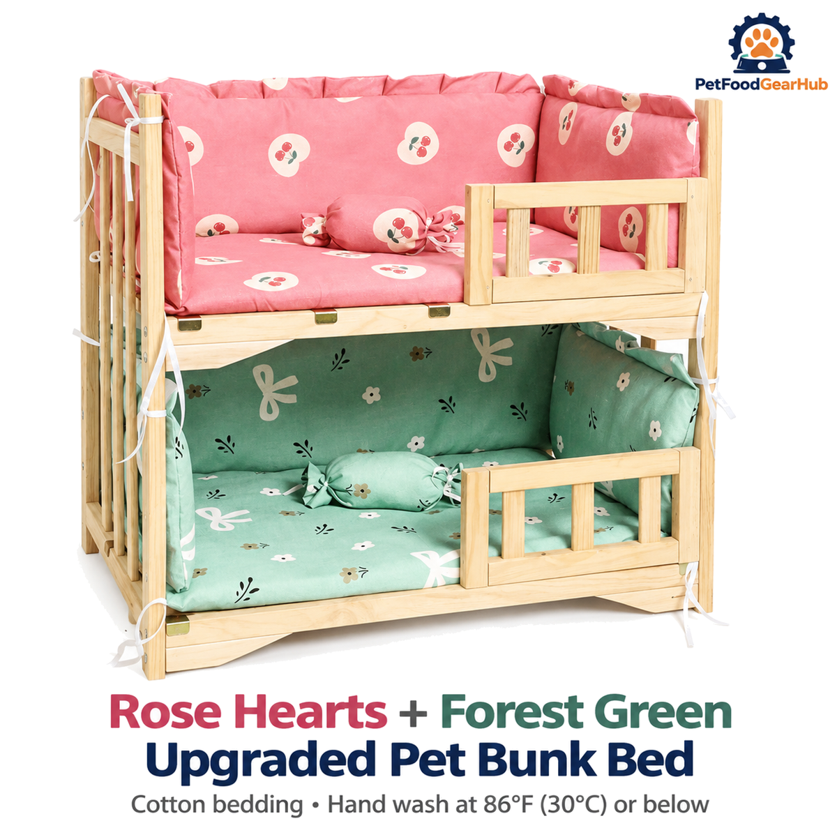 PetFoodGearHub Rose Hearts + Forest Green | Upgraded Pet Bunk Bed