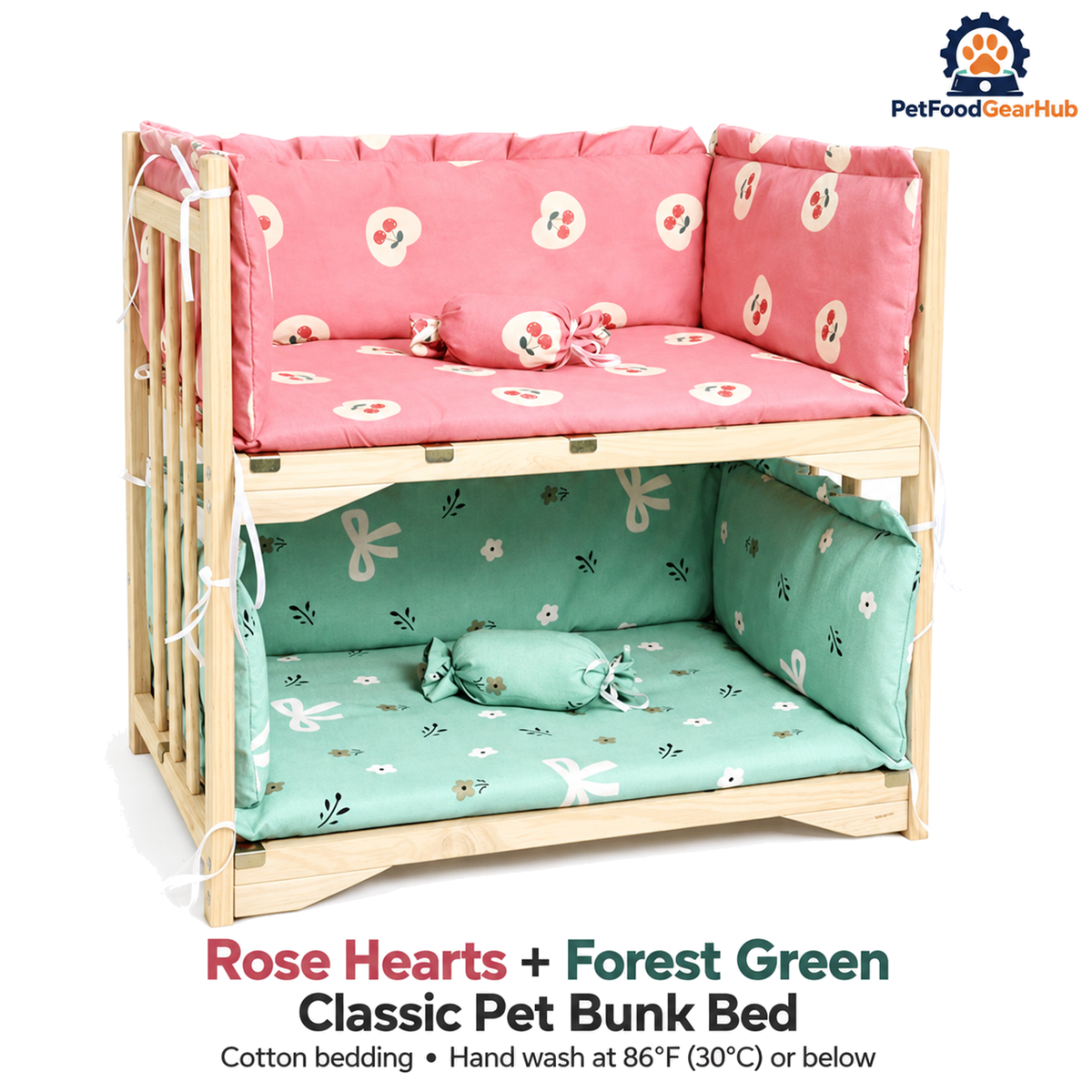 PetFoodGearHub Rose Hearts + Forest Green | Classic Pet Bunk Bed