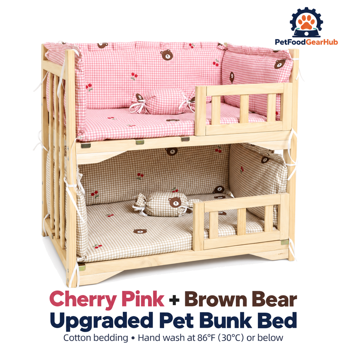 PetFoodGearHub Cherry Pink + Brown Bear | Upgraded Pet Bunk Bed