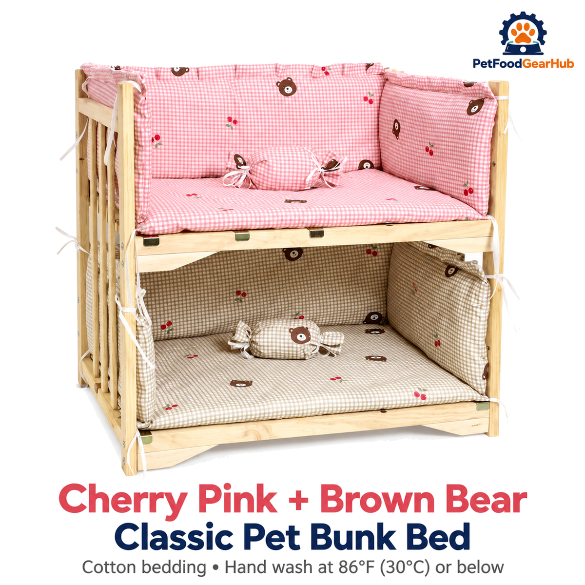 PetFoodGearHub Cherry Pink + Brown Bear | Classic Pet Bunk Bed