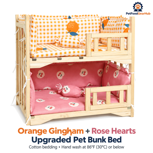 PetFoodGearHub Orange Gingham + Rose Hearts | Upgraded Pet Bunk Bed