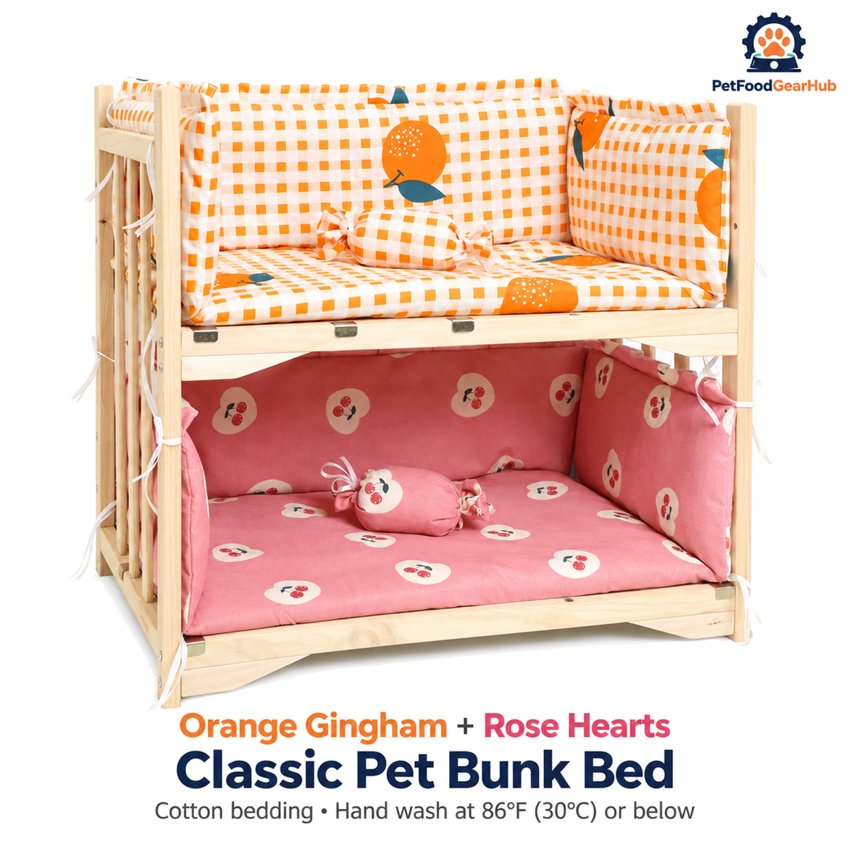 PetFoodGearHub Orange Gingham + Rose Hearts | Classic Pet Bunk Bed