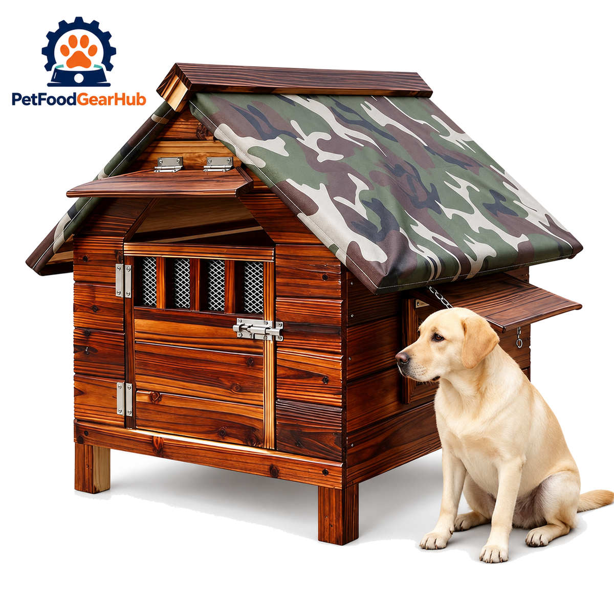 PetFoodGearHub Wooden dog house with door, windows and roof cover