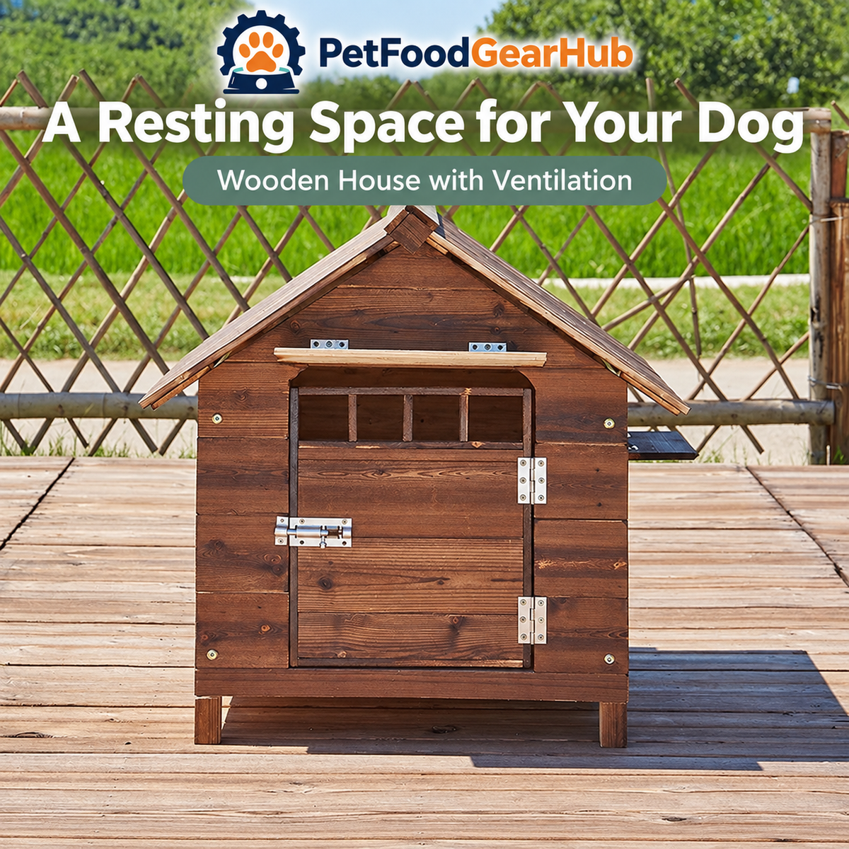 PetFoodGearHub Wooden dog house front view