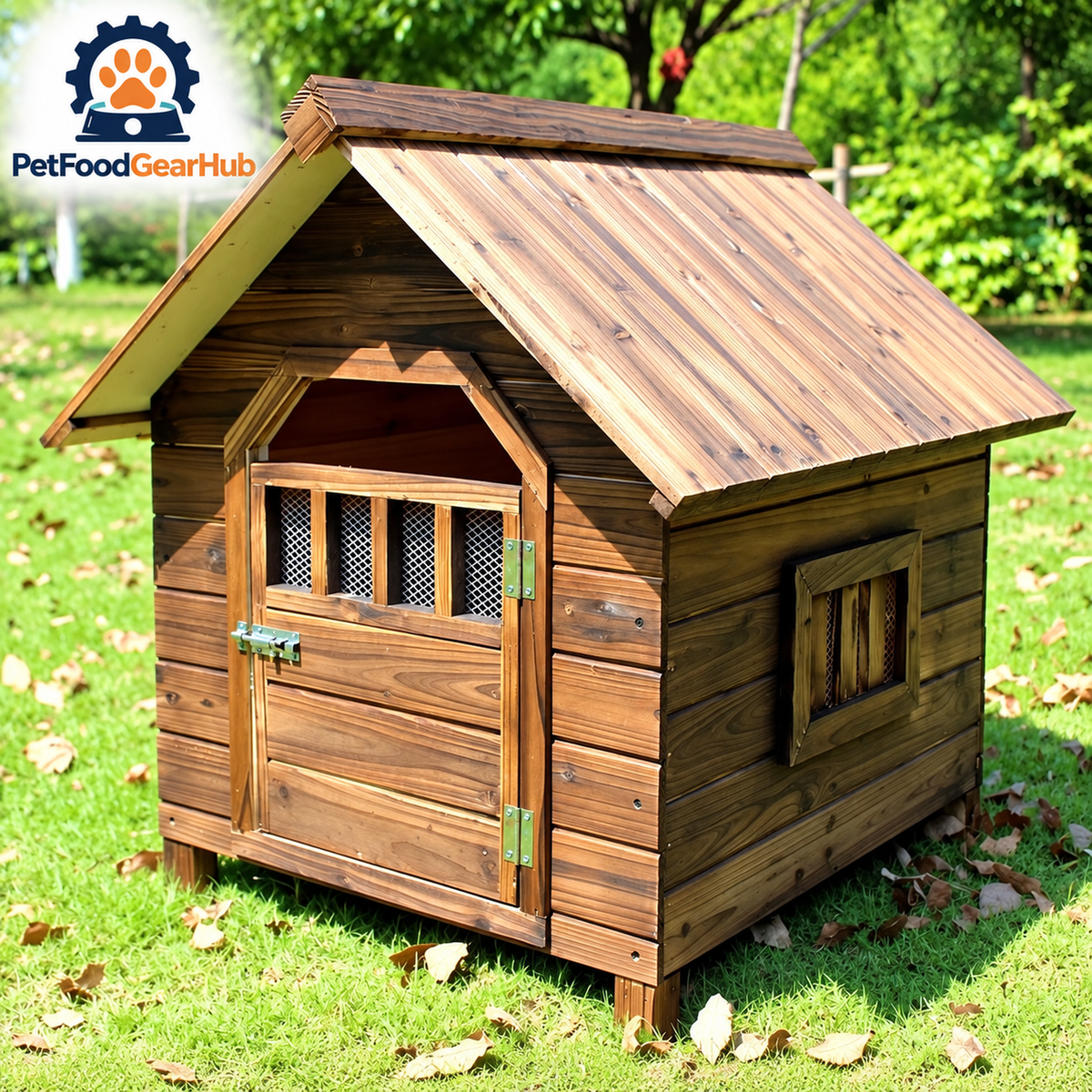 PetFoodGearHub Wooden dog house in a garden