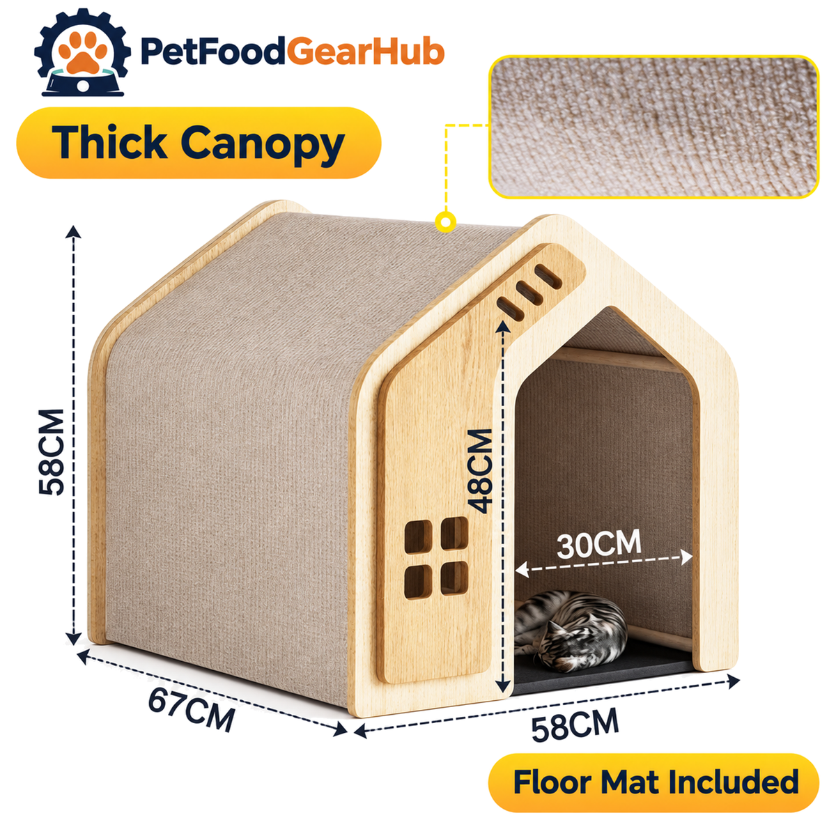 PetFoodGearHub wooden pet house, canopy and construction details