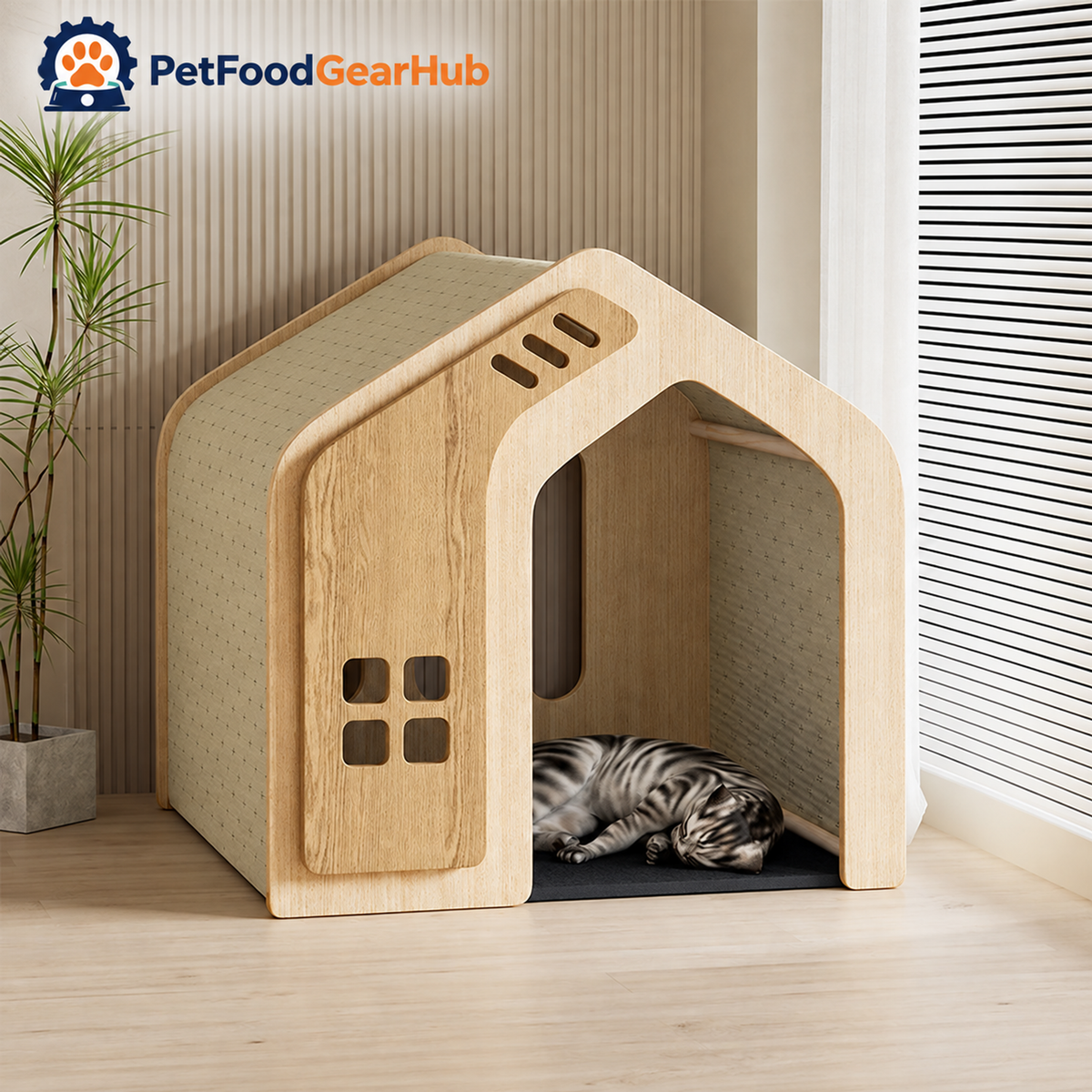PetFoodGearHub wooden pet house, canopy and construction details