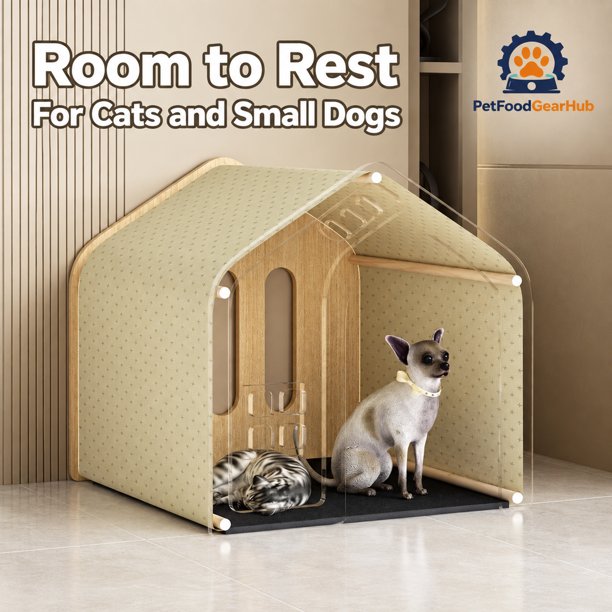 PetFoodGearHub wooden pet house, canopy and construction details