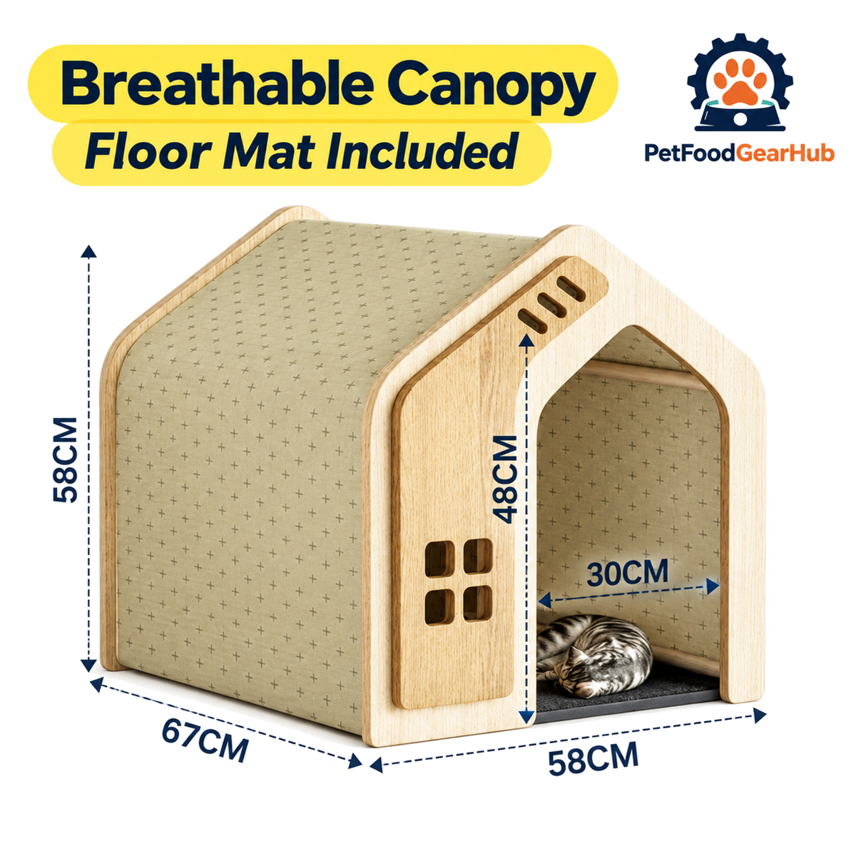 PetFoodGearHub wooden pet house, canopy and construction details