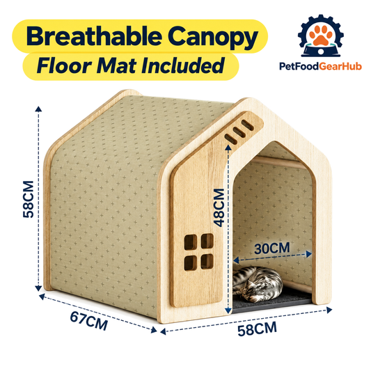 PetFoodGearHub wooden pet house, canopy and construction details