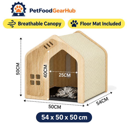 PetFoodGearHub wooden pet house, canopy and construction details