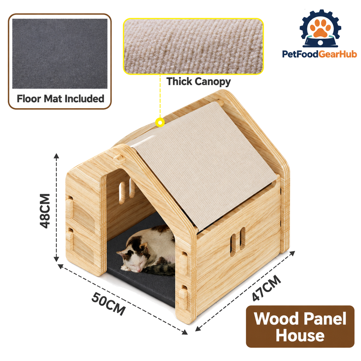 PetFoodGearHub wooden pet house, canopy and construction details
