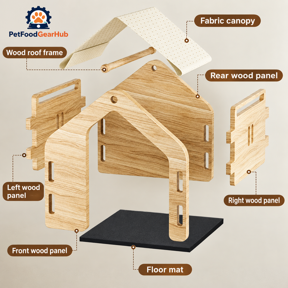 PetFoodGearHub wooden pet house, canopy and construction details
