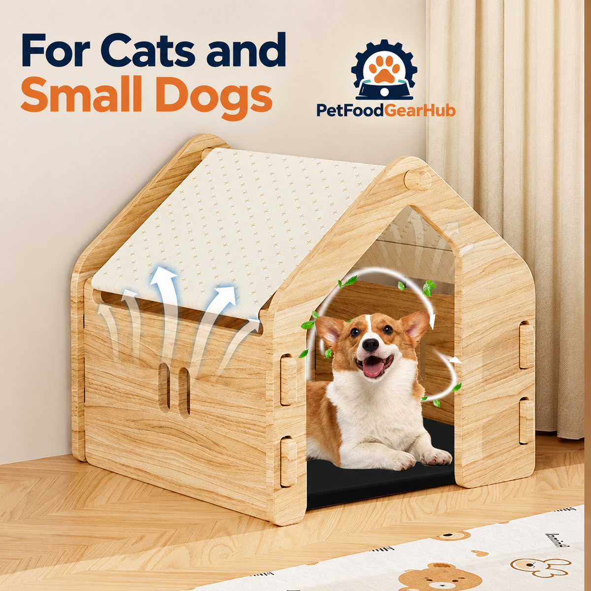 PetFoodGearHub wooden pet house, canopy and construction details
