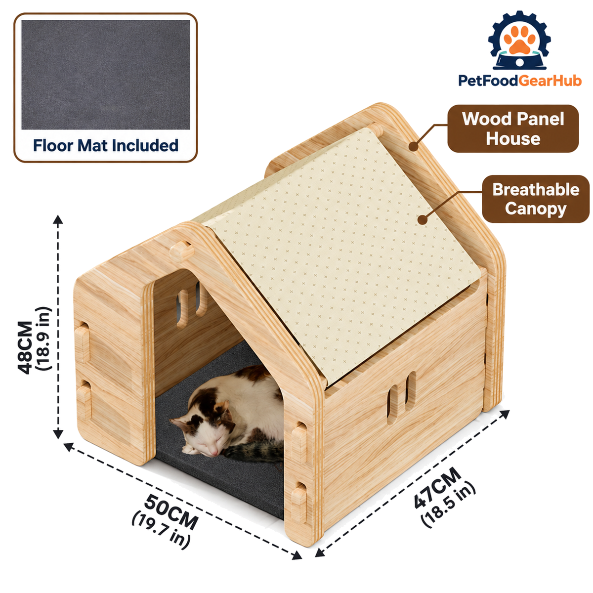 PetFoodGearHub wooden pet house, canopy and construction details