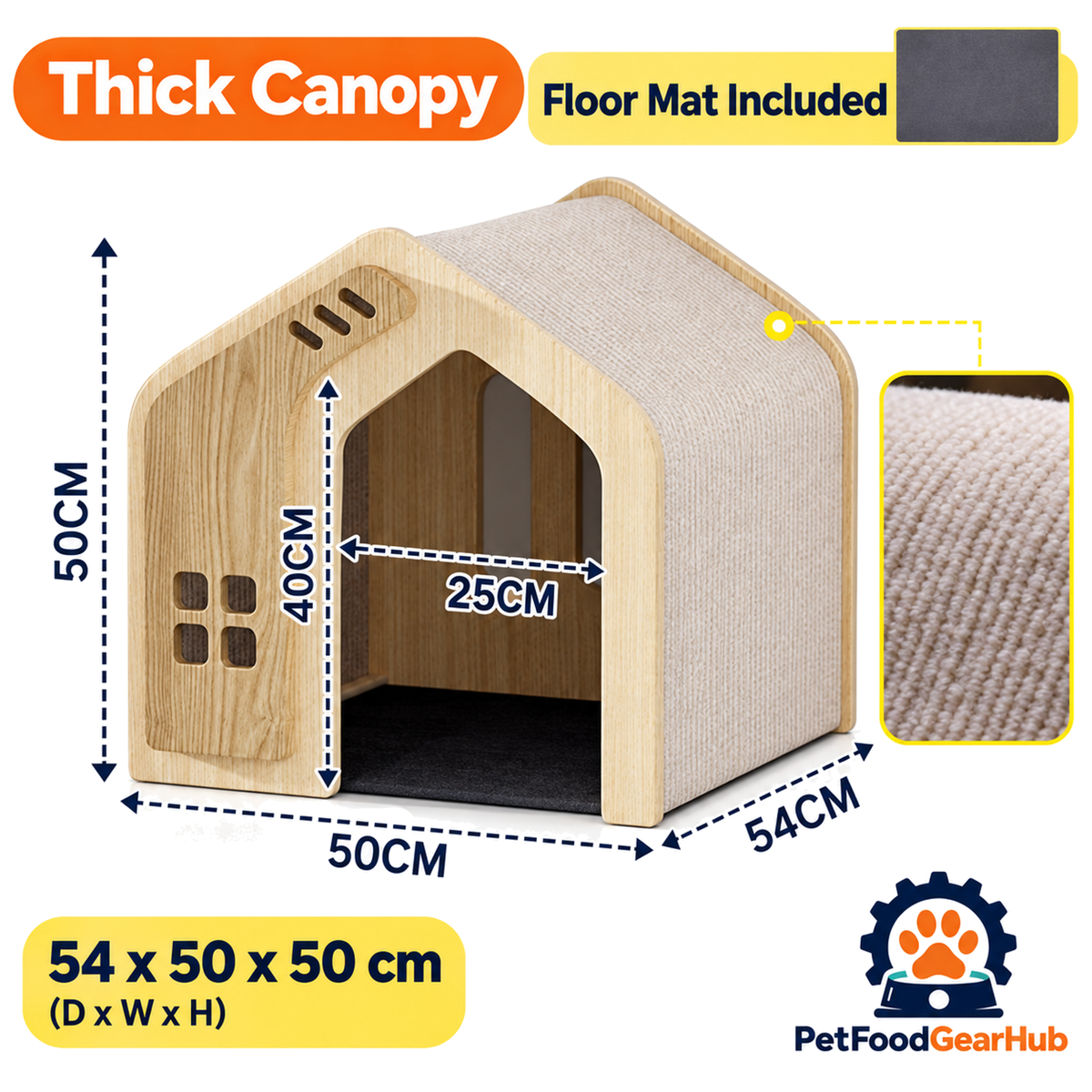 PetFoodGearHub wooden pet house, canopy and construction details