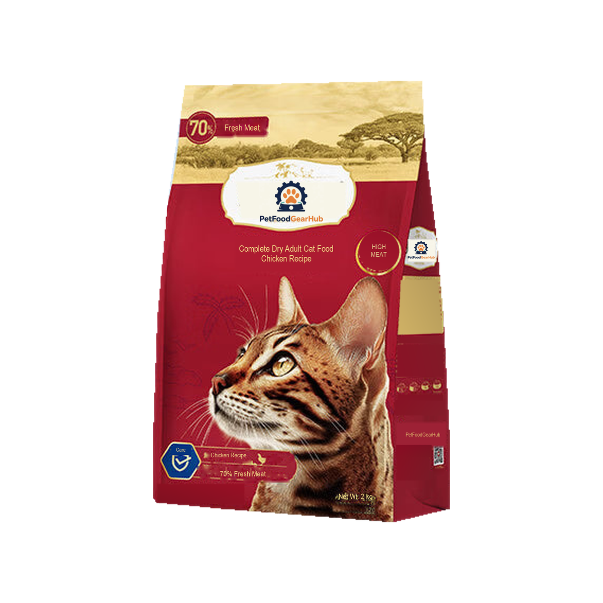 PetFoodGearHub adult cat food, chicken recipe, photographed 2 kg bag on white background