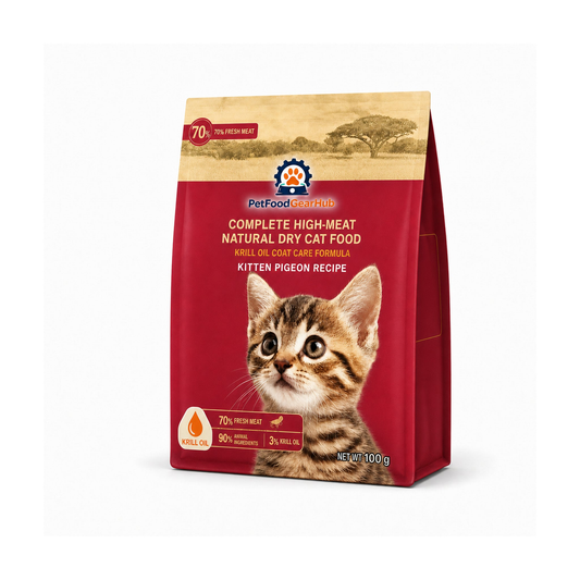 PetFoodGearHub krill oil coat care complete dry cat food for kittens, pigeon recipe, one pictured 100 g unit bag for the 100 g listing
