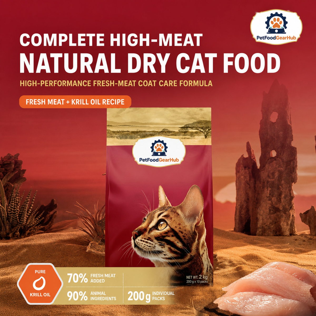 PetFoodGearHub high-meat dry cat food with fresh meat, krill oil, 70 percent fresh meat, 90 percent animal ingredients, and 200 g packs