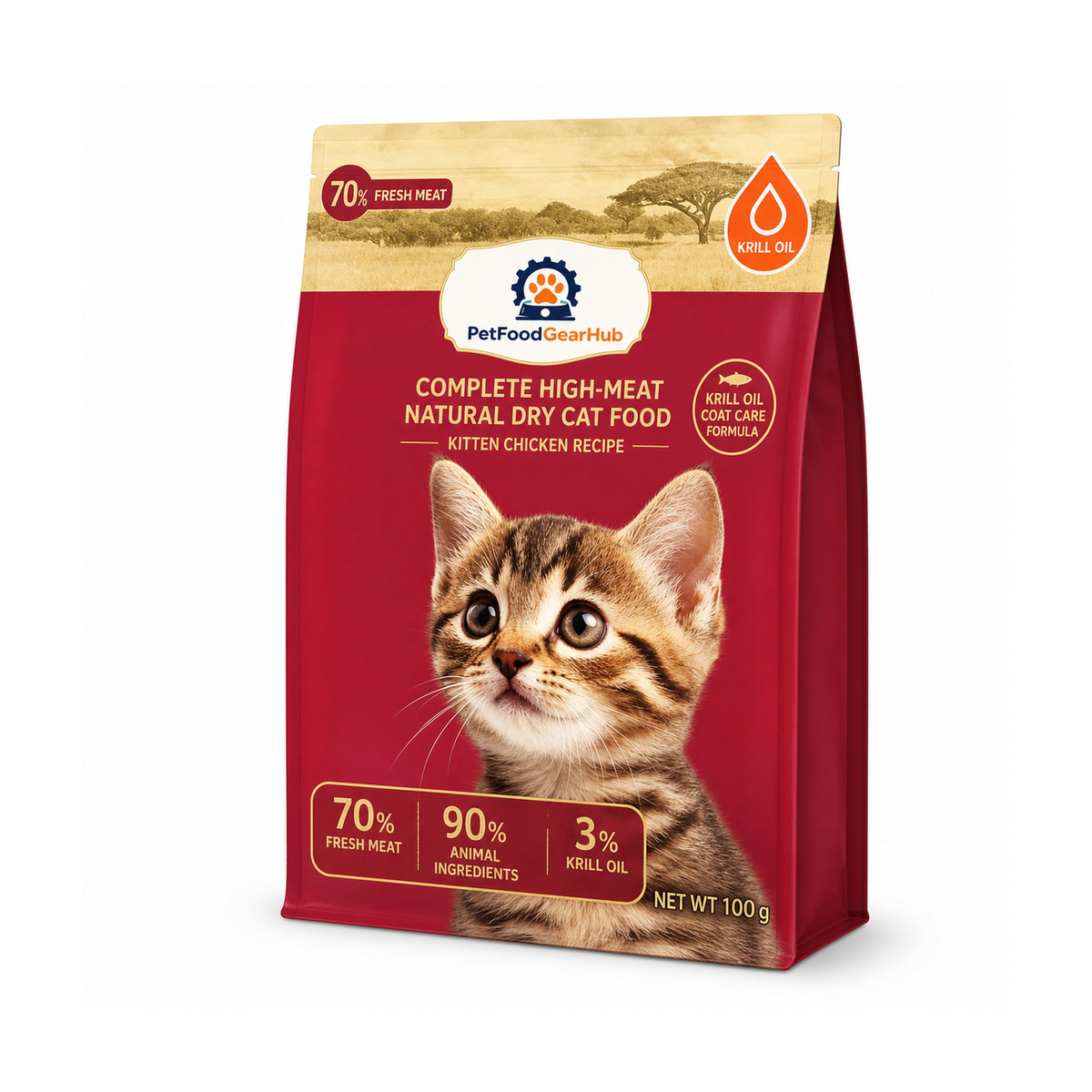 PetFoodGearHub krill oil coat care complete dry cat food for kittens, chicken recipe, one pictured 100 g unit bag for the 100 g listing