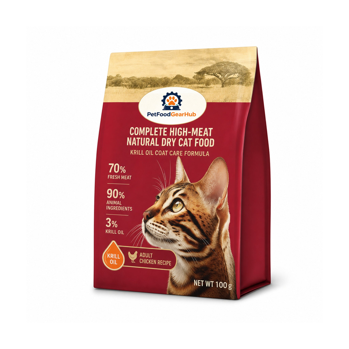 PetFoodGearHub krill oil coat care complete dry cat food for adult cats, chicken recipe, one pictured 100 g unit bag for the 200 g listing