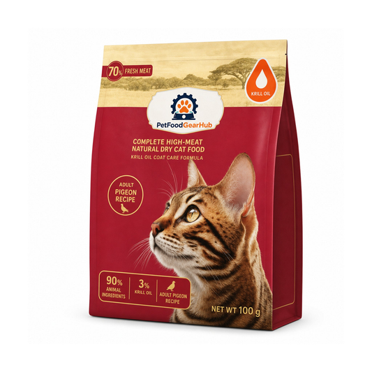 PetFoodGearHub krill oil coat care complete dry cat food for adult cats, pigeon recipe, one pictured 100 g unit bag for the 100 g listing