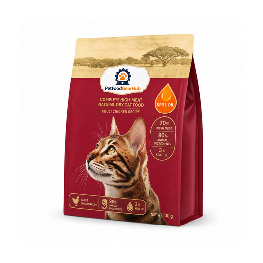 PetFoodGearHub krill oil coat care complete dry cat food for adult cats, chicken recipe, one pictured 100 g unit bag for the 100 g listing