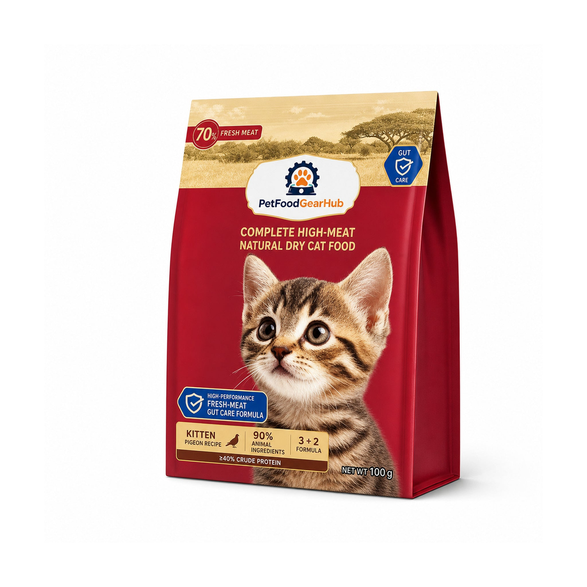 PetFoodGearHub gut care complete dry cat food for kittens, pigeon recipe, one pictured 100 g unit bag for the 100 g listing