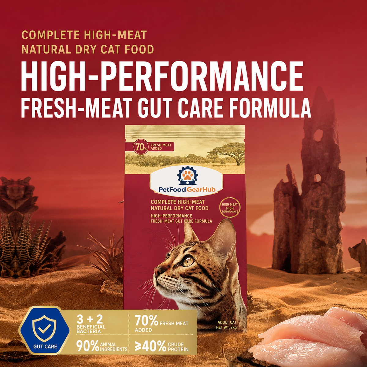 PetFoodGearHub high-meat gut care dry cat food detail with 70 percent fresh meat, 90 percent animal ingredients, and at least 40 percent crude protein