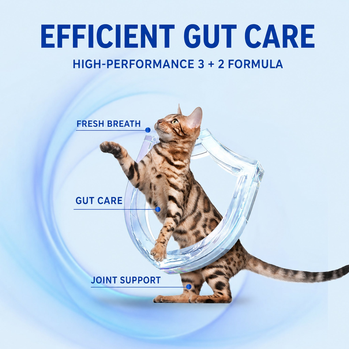 Efficient gut care 3 plus 2 formula infographic with five source-supported callouts