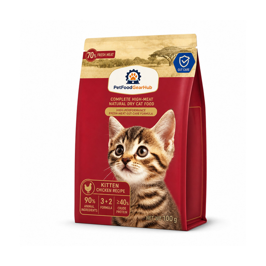 PetFoodGearHub gut care complete dry cat food for kittens, chicken recipe, one pictured 100 g unit bag for the 100 g listing