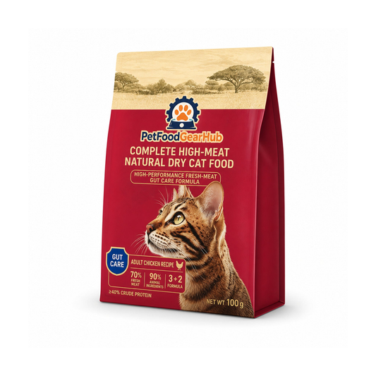 PetFoodGearHub gut care complete dry cat food for adult cats, chicken recipe, one pictured 100 g unit bag for the 200 g listing