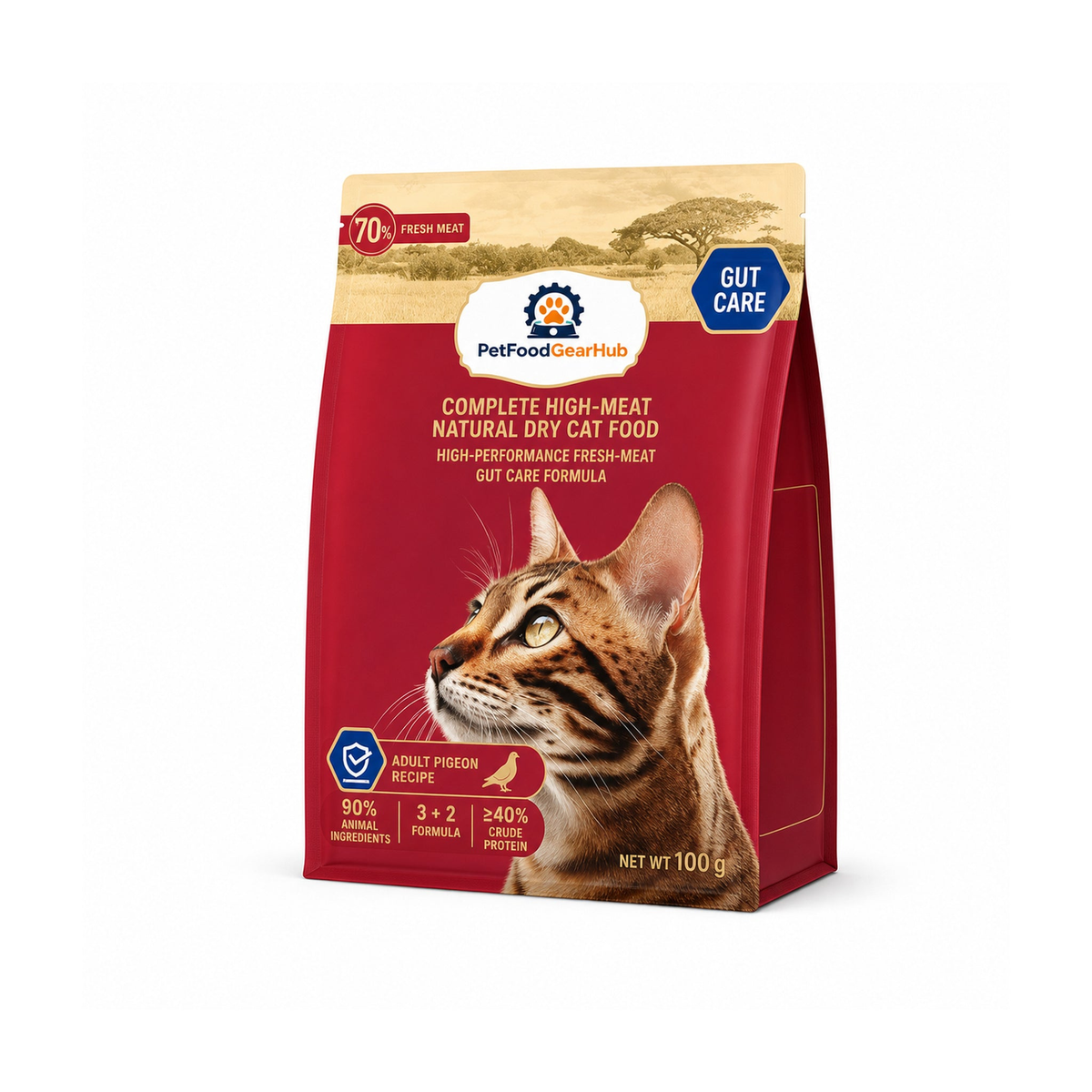 PetFoodGearHub gut care complete dry cat food for adult cats, pigeon recipe, one pictured 100 g unit bag for the 100 g listing