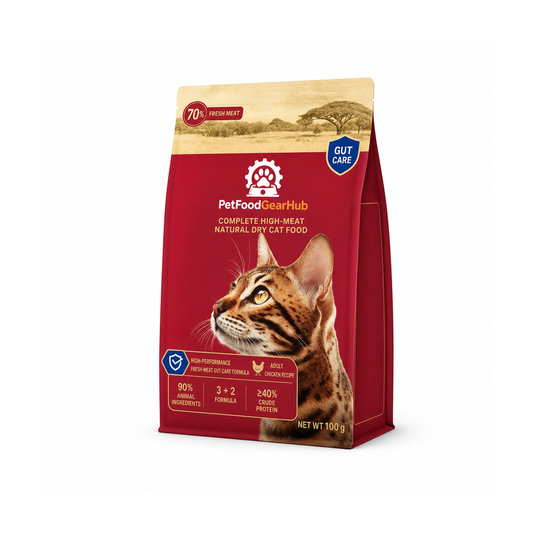PetFoodGearHub gut care complete dry cat food for adult cats, chicken recipe, one pictured 100 g unit bag for the 100 g listing