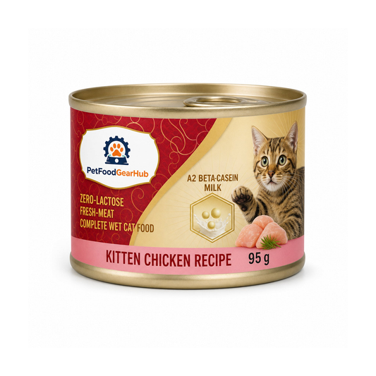 PetFoodGearHub zero-lactose fresh-meat complete wet cat food for kittens, chicken recipe, one 95 g can