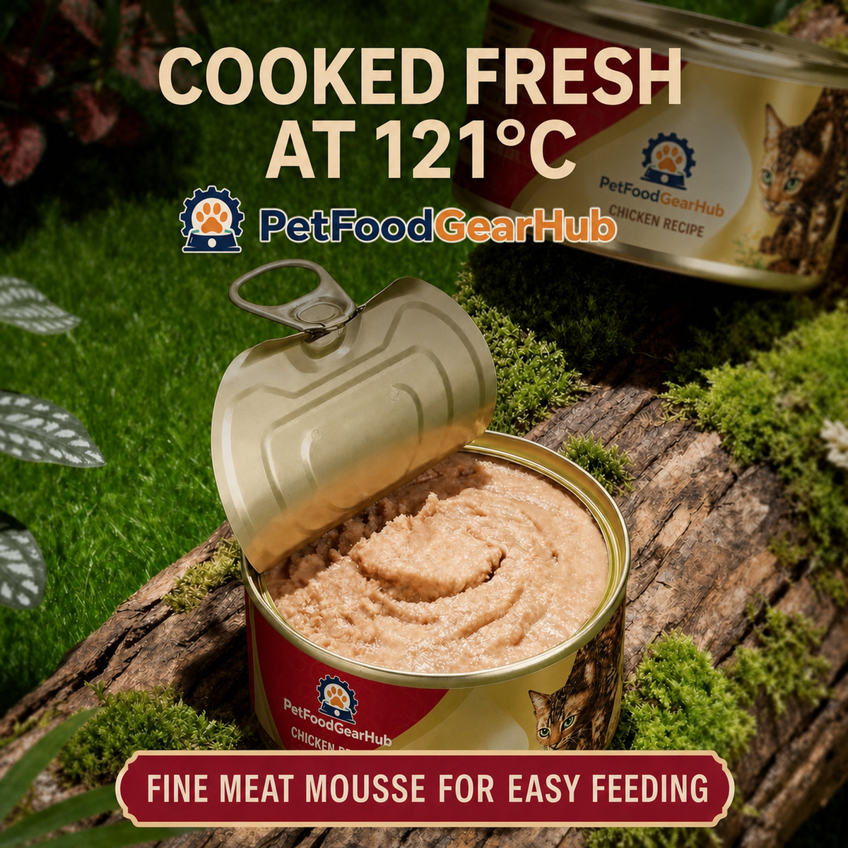 Wet cat food cooked fresh at 121 degrees Celsius with fine meat mousse texture