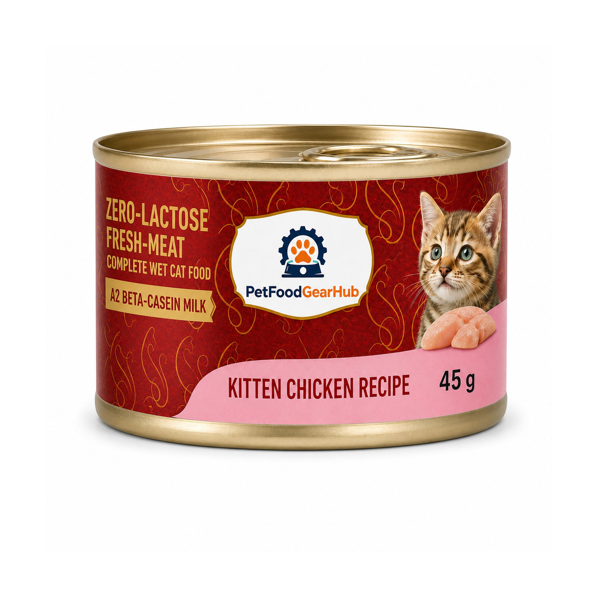 PetFoodGearHub zero-lactose fresh-meat complete wet cat food for kittens, chicken recipe, one 45 g can