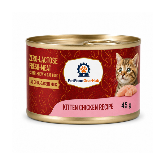 PetFoodGearHub zero-lactose fresh-meat complete wet cat food for kittens, chicken recipe, one 45 g can