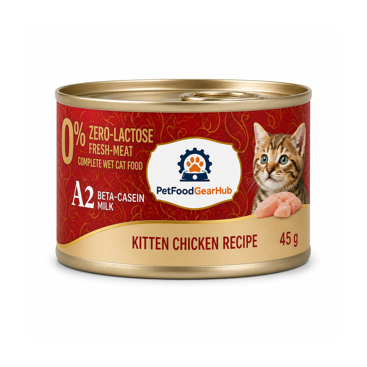 PetFoodGearHub zero-lactose fresh-meat complete wet cat food for kittens, chicken recipe, one 45 g can