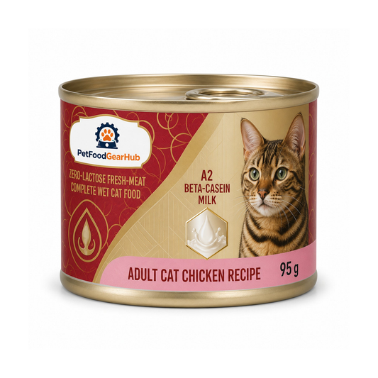 PetFoodGearHub zero-lactose fresh-meat complete wet cat food for adult cats, chicken recipe, one 95 g can