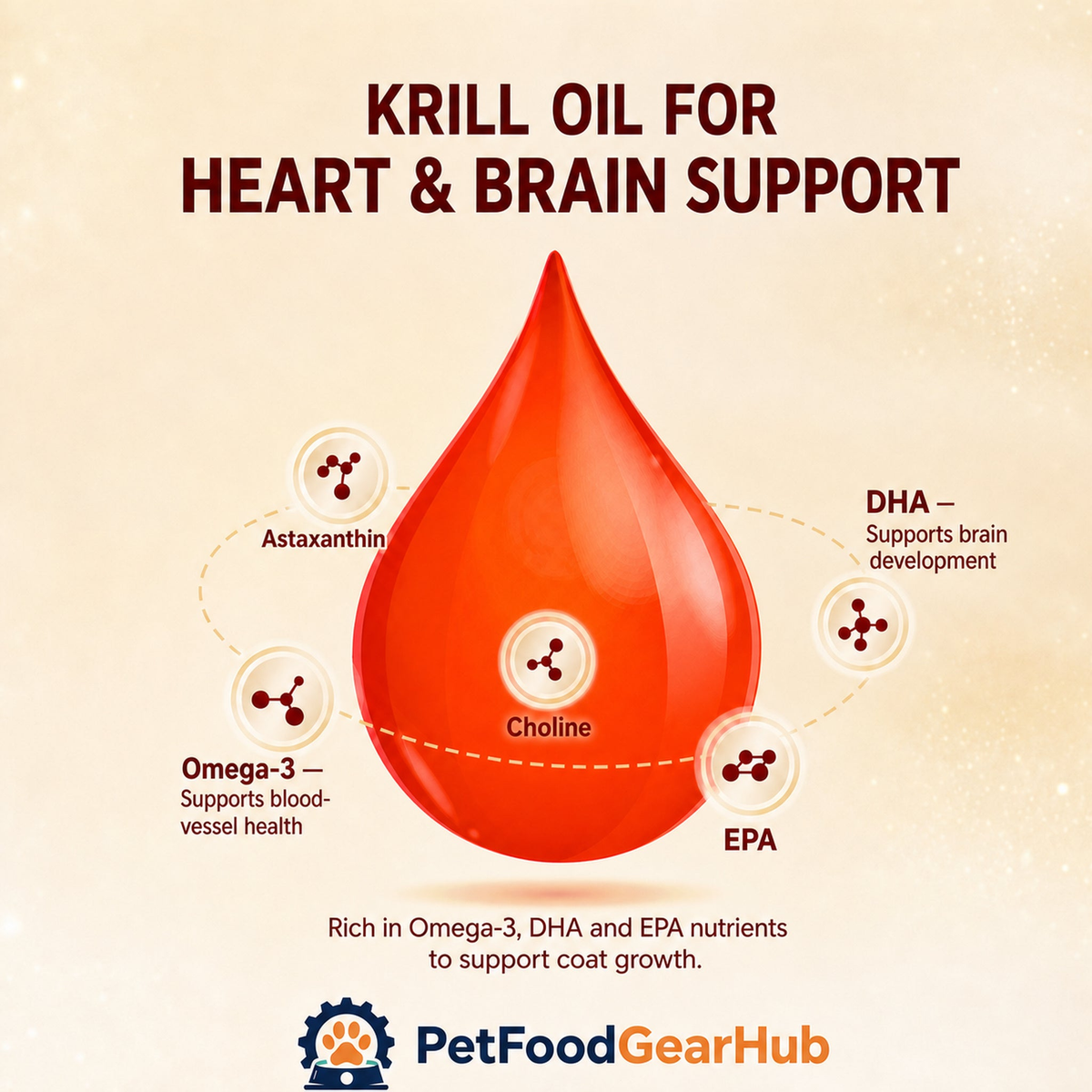 Krill oil nutrients including astaxanthin, choline, Omega-3, DHA, and EPA