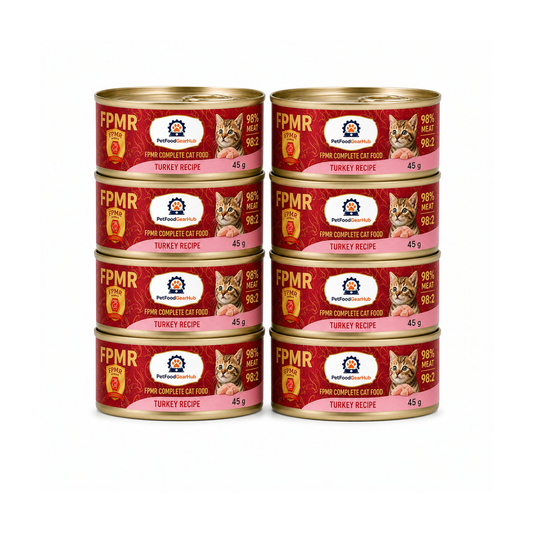 PetFoodGearHub FPMR turkey recipe complete wet cat food for adult cats and kittens, eight 45 g cans