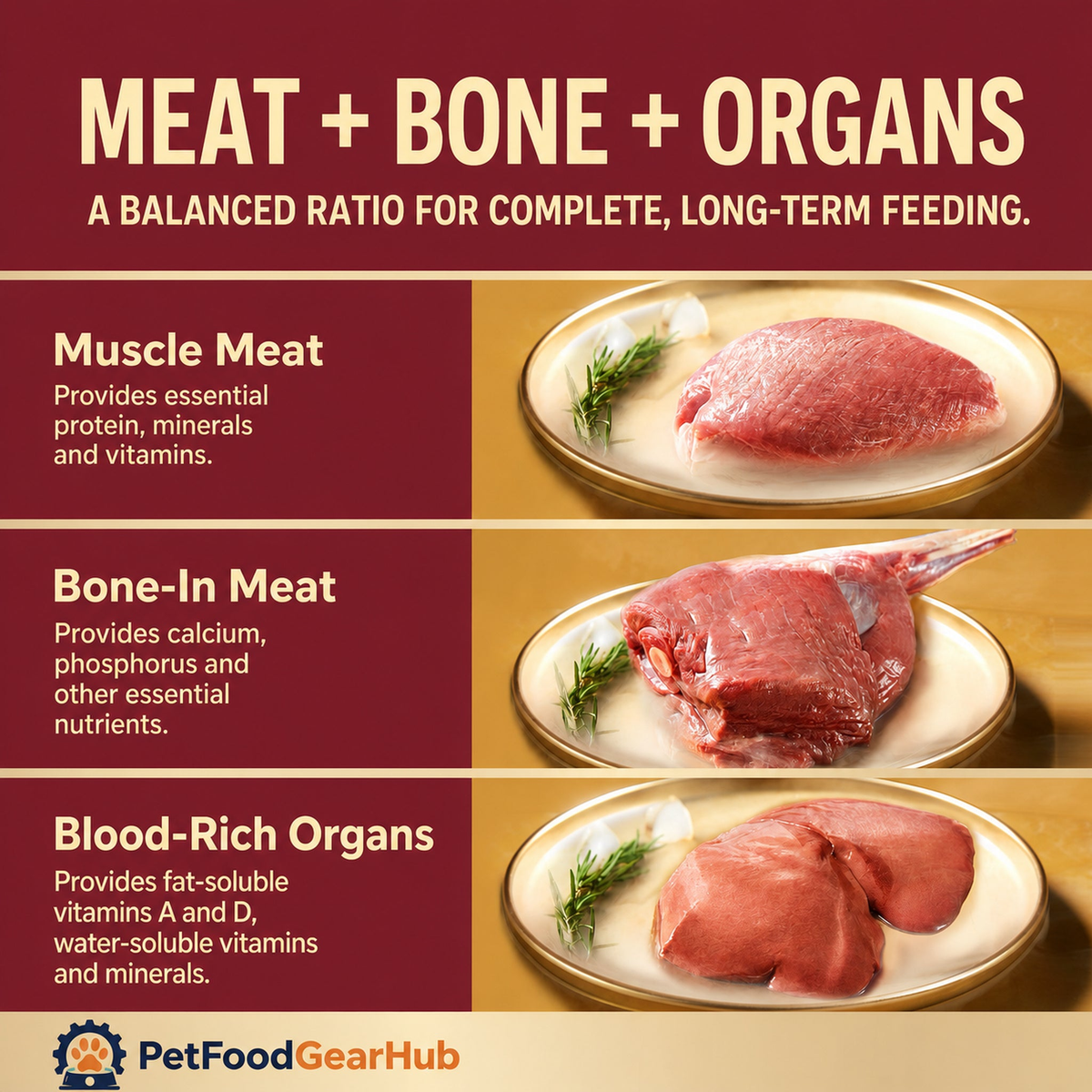 Meat, bone-in meat, and organ composition for complete long-term feeding