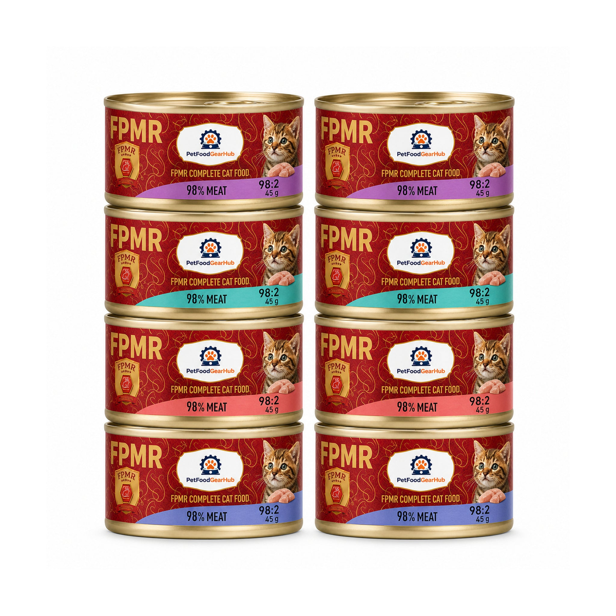 PetFoodGearHub FPMR assorted recipes complete wet cat food for adult cats and kittens, eight 45 g cans