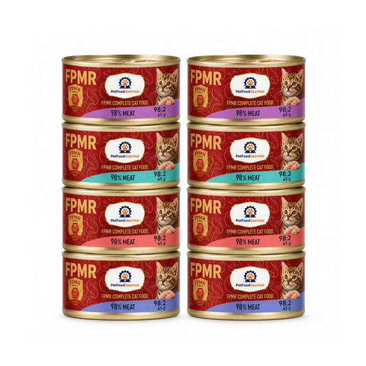 PetFoodGearHub FPMR assorted recipes complete wet cat food for adult cats and kittens, eight 45 g cans
