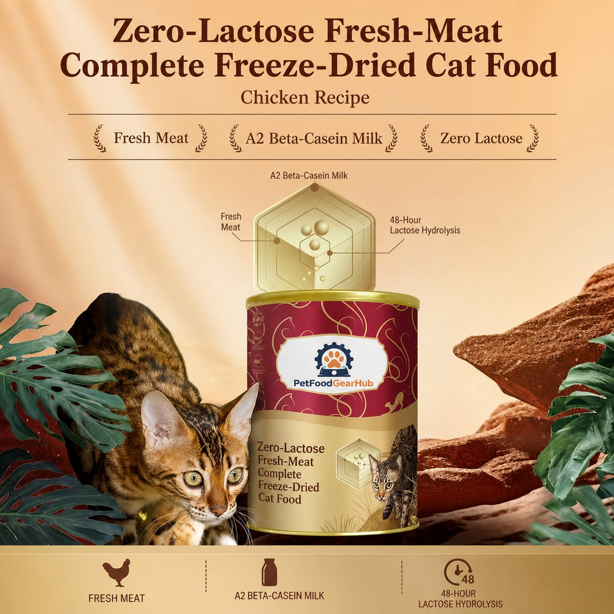 Zero-lactose fresh-meat complete freeze-dried cat food with A2 beta-casein milk